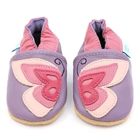 Dotty Fish Soft Leather Infant Shoes Girls pre-Walkers. Purple with Pink Butterfly. 6-12 Months